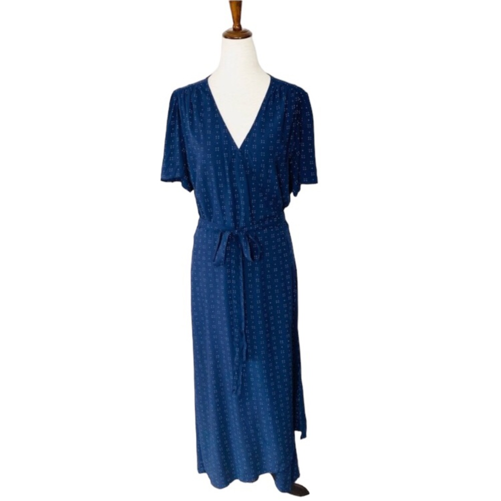Gap navy blue short sleeve maxi wrap dress with tiny white polka dots, XL - Picture 6 of 11
